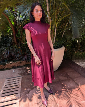 High Neck Structured A-Line Midi Dress