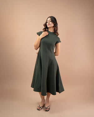 High Neck Structured A-Line Midi Dress