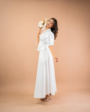 White Pleated Shirt & Flared Maxi Skirt