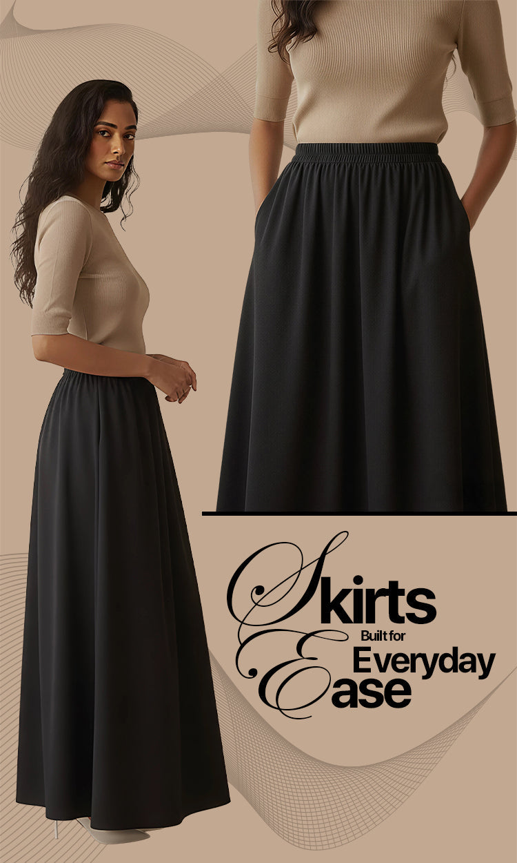 Women’s elegant, flowy skirts with clean lines and timeless Tsukie styling.