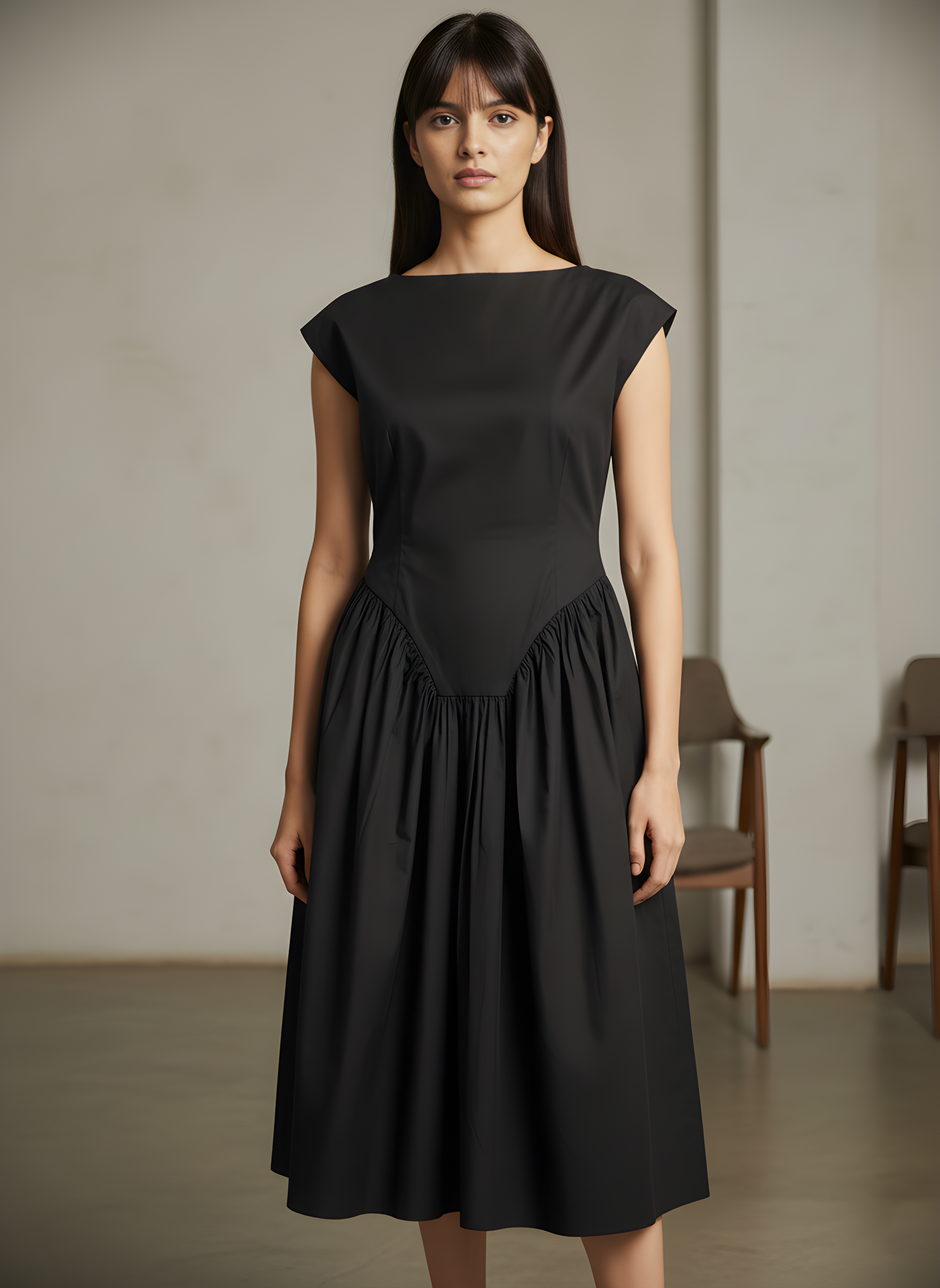 Flared Boat Neck Midi Dress With Structured Shoulders