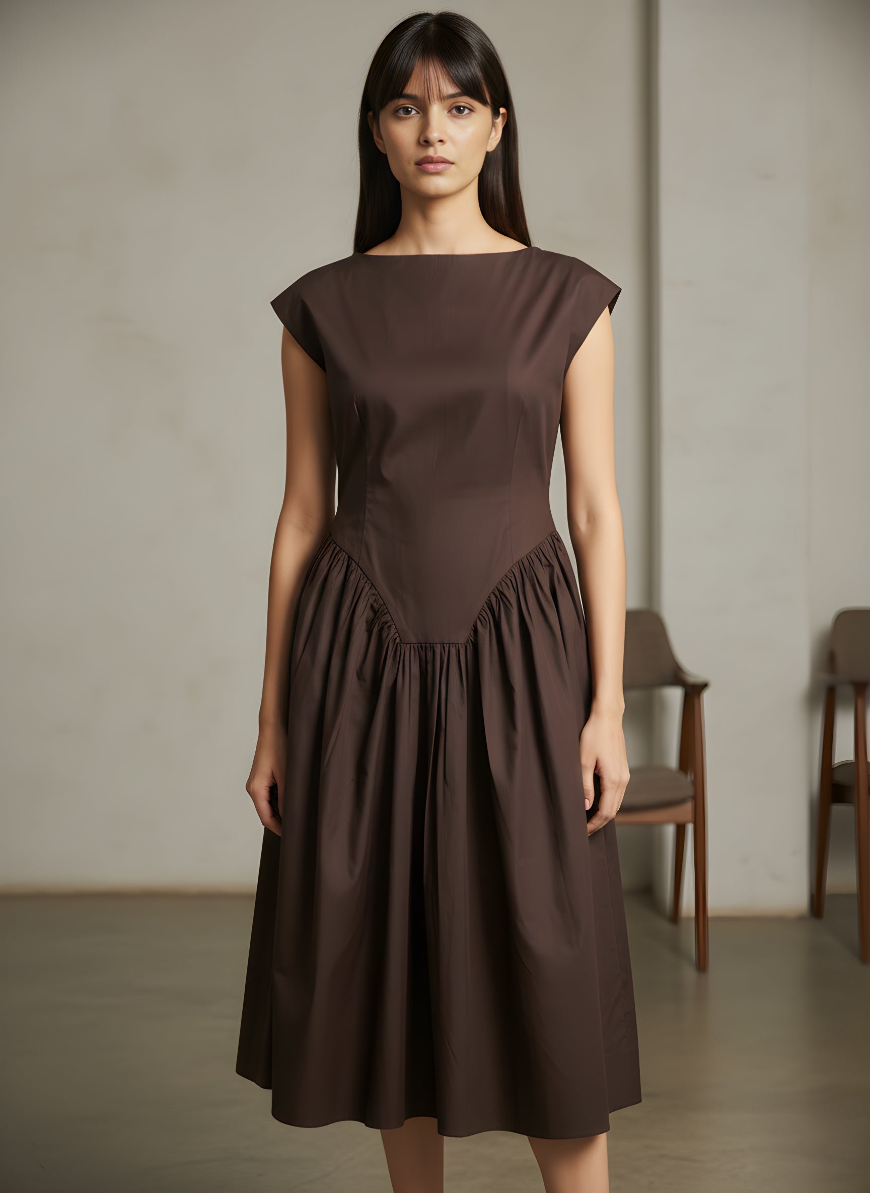 Flared Boat Neck Midi Dress With Structured Shoulders