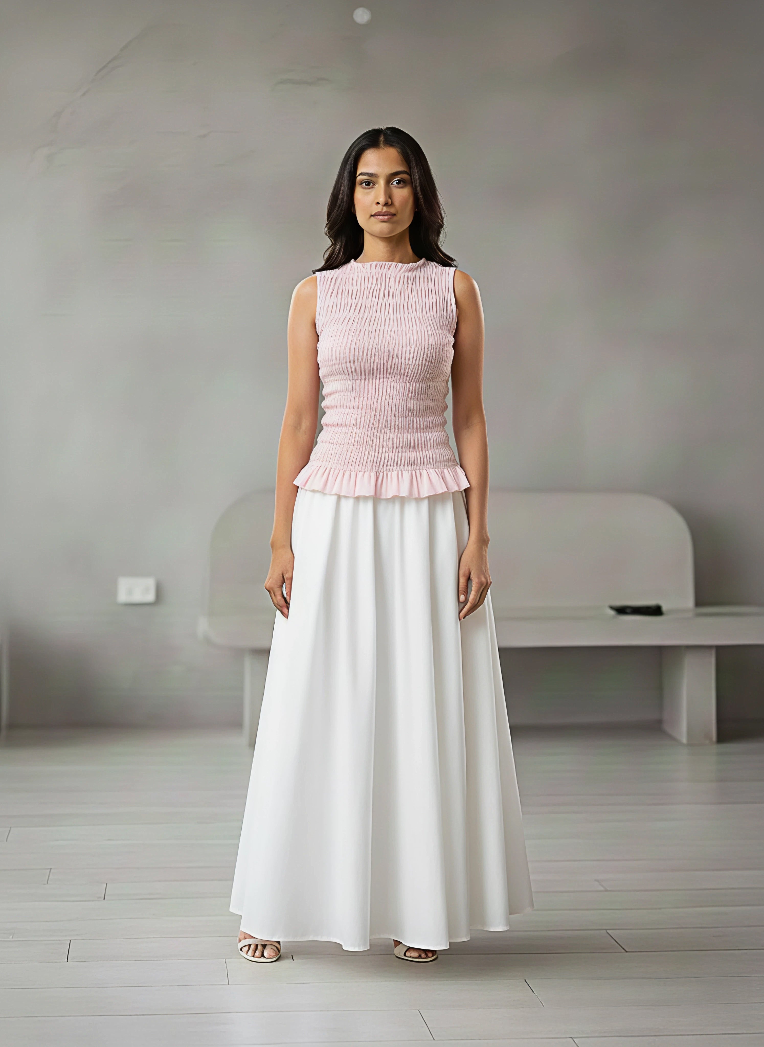 Smocked Peplum Top & Flared Maxi Skirt Co-ord Set