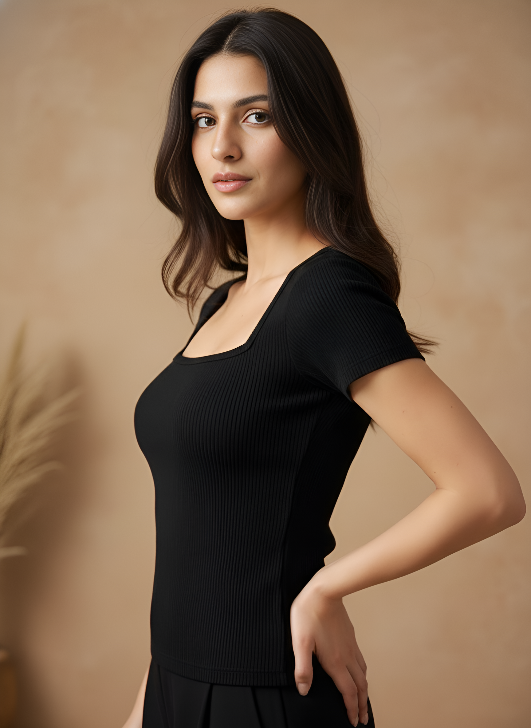 Black Square Neck Cap Sleeve Top