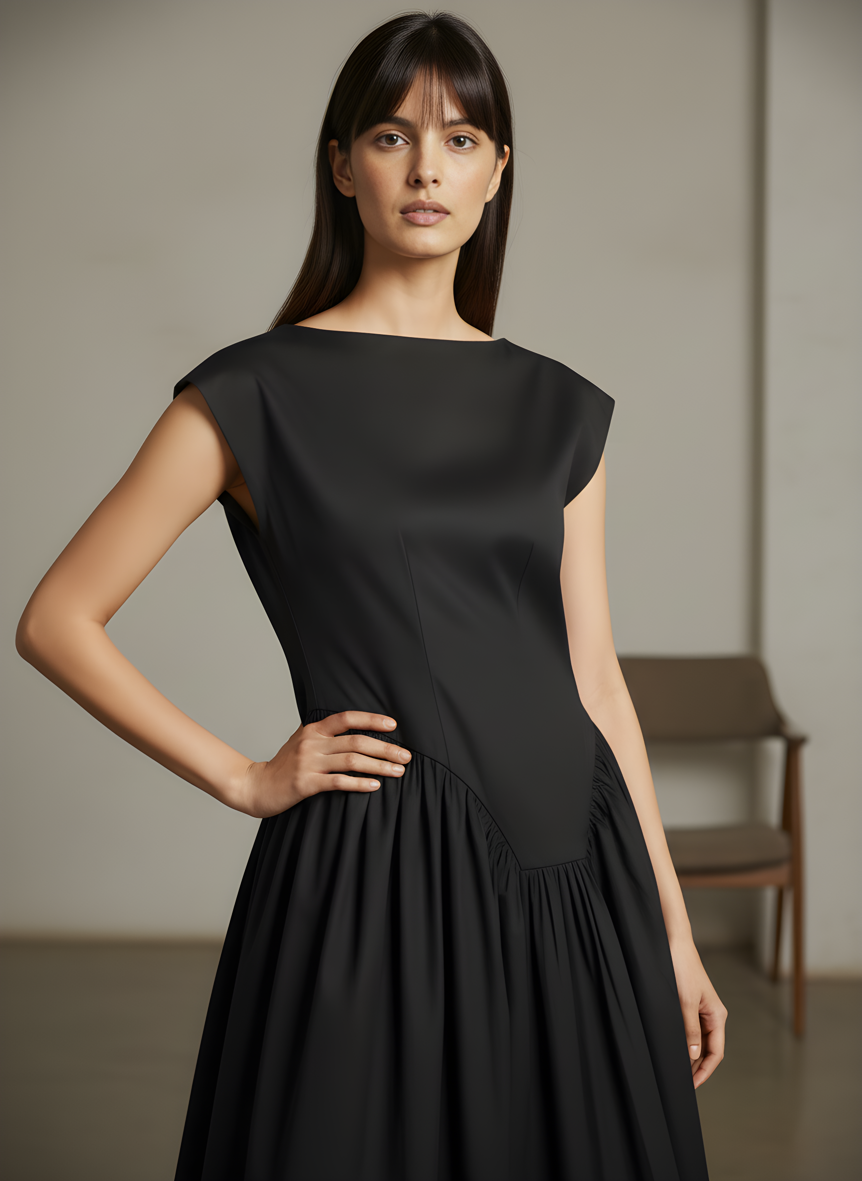 Flared Boat Neck Midi Dress With Structured Shoulders