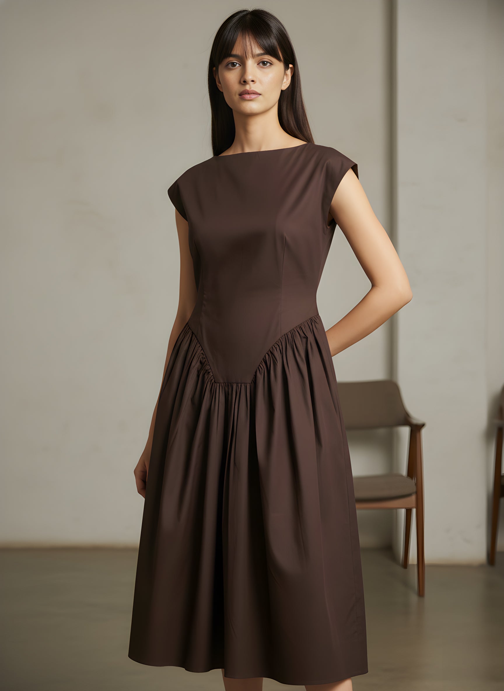 Flared Boat Neck Midi Dress With Structured Shoulders