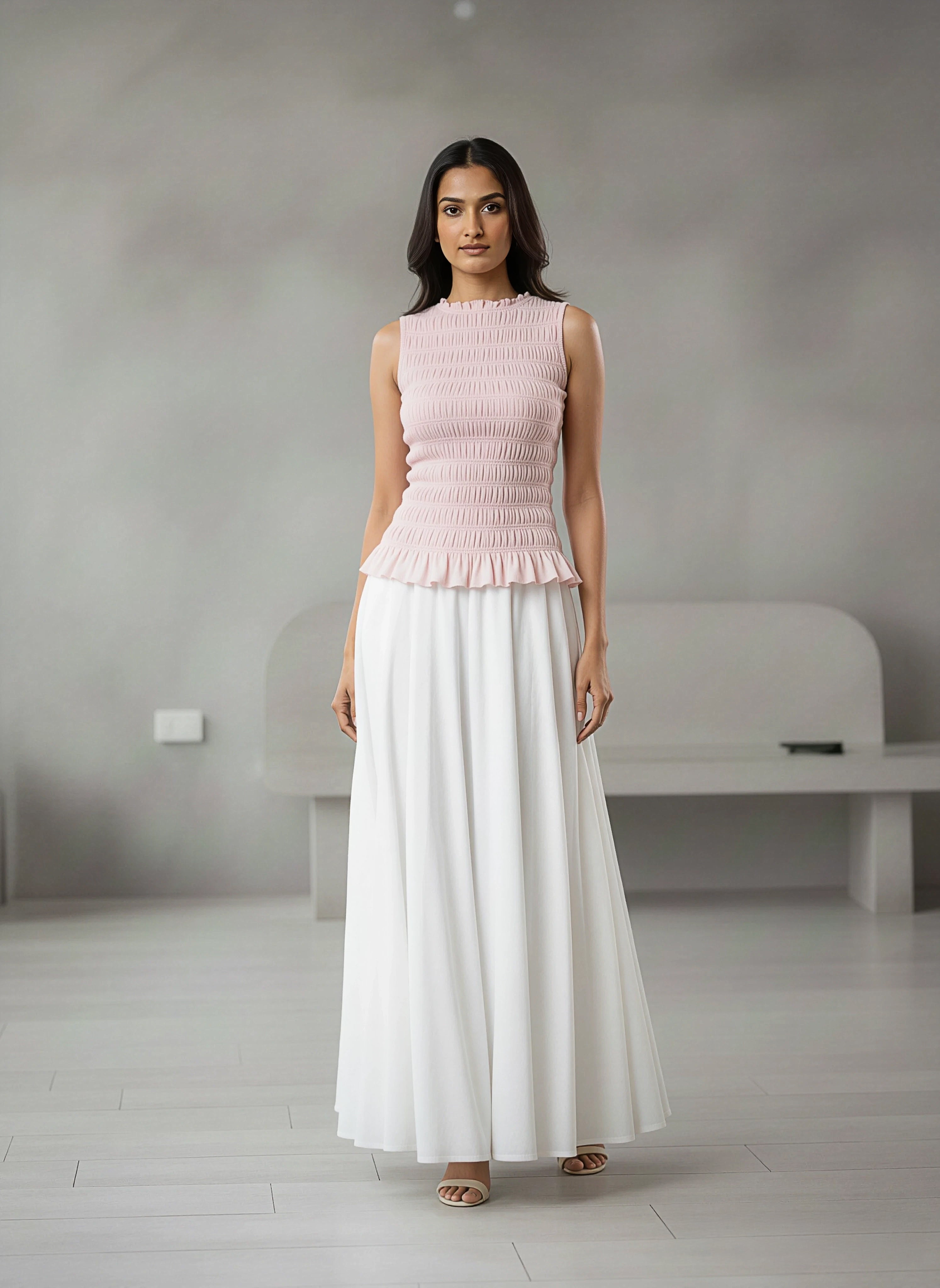 Smocked Peplum Top & Flared Maxi Skirt Co-ord Set