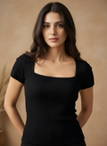 Black Square Neck Cap Sleeve Top