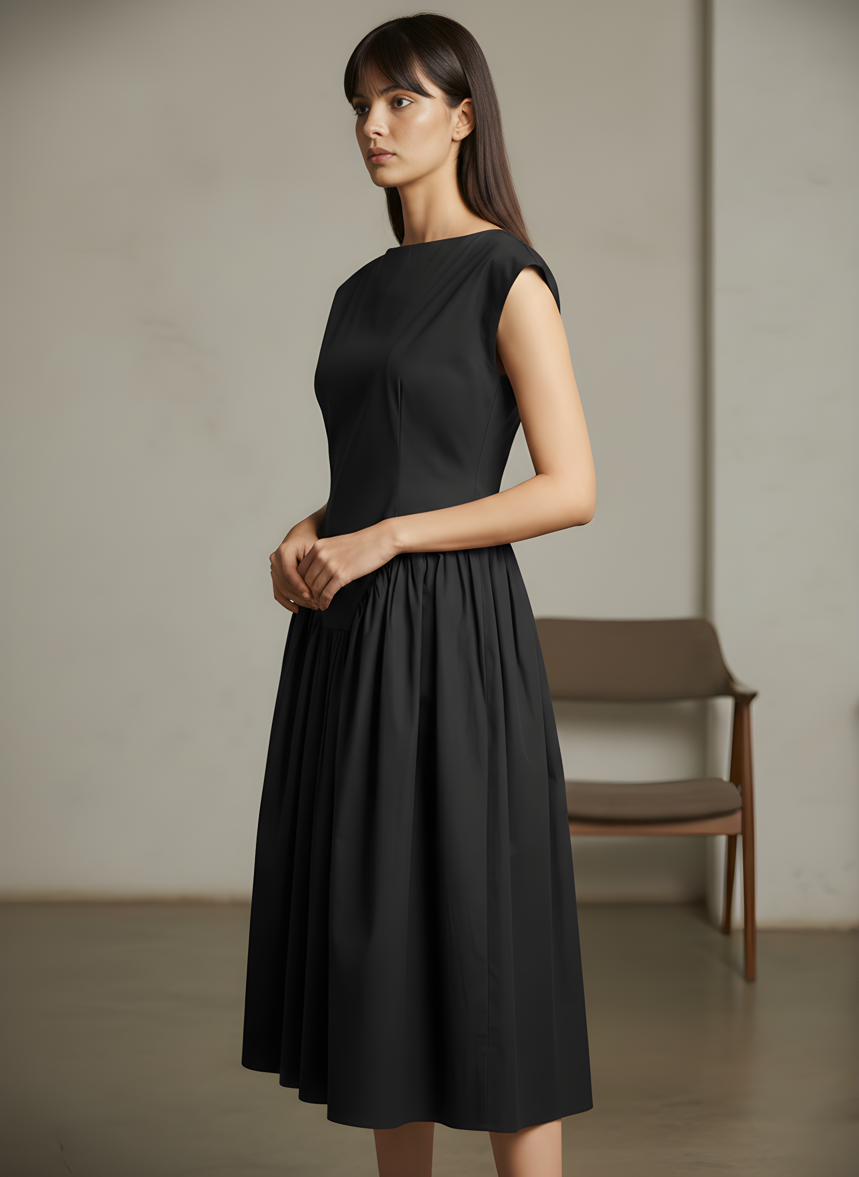 Flared Boat Neck Midi Dress With Structured Shoulders