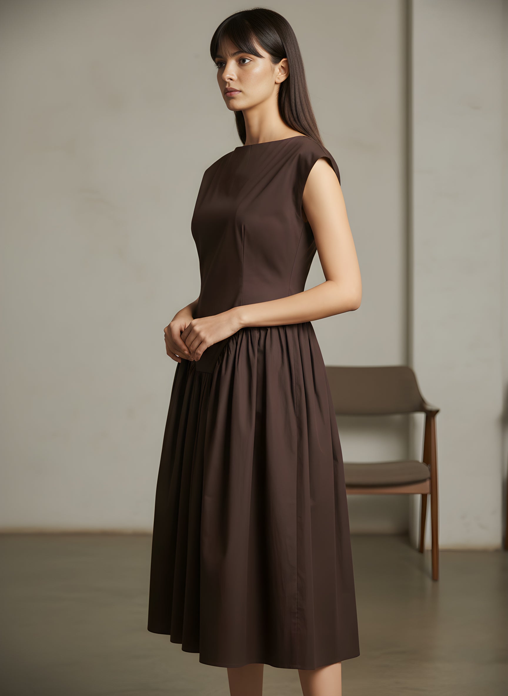 Flared Boat Neck Midi Dress With Structured Shoulders