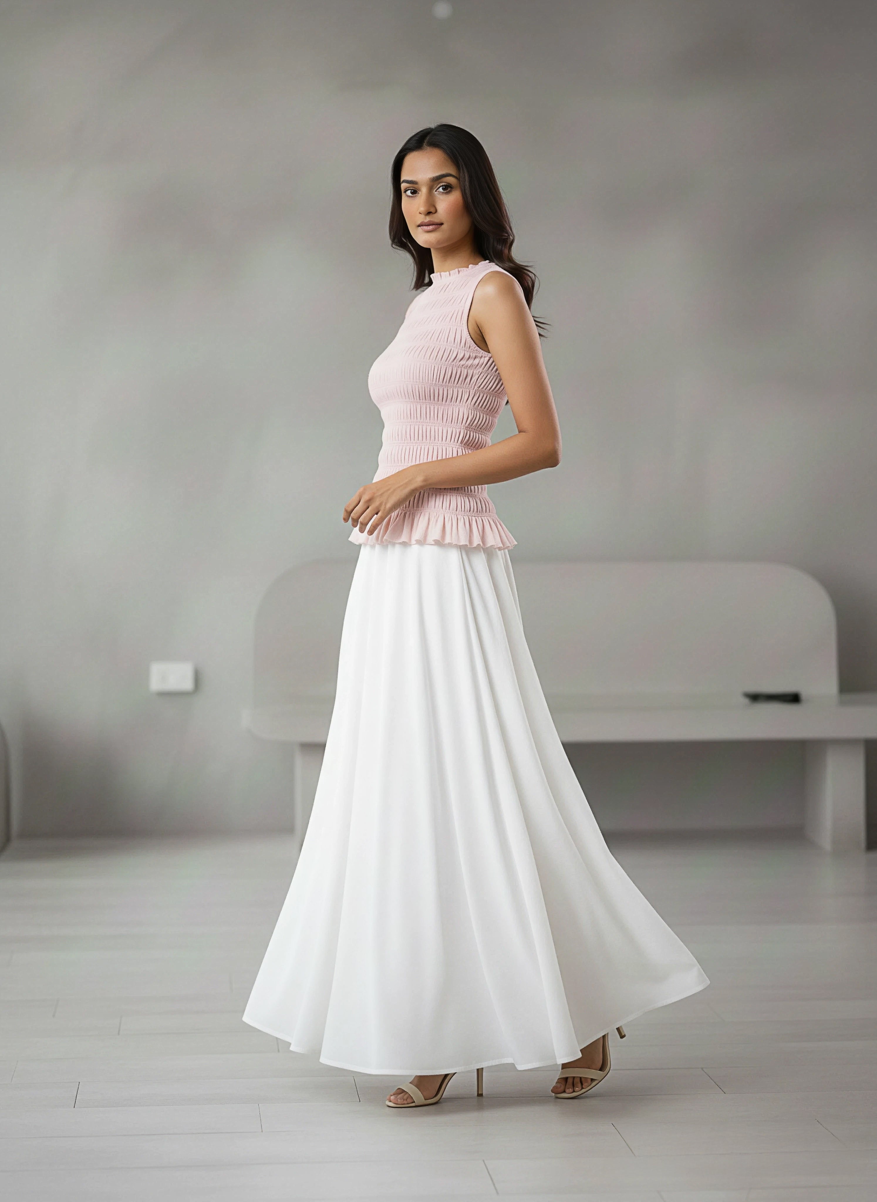 Smocked Peplum Top & Flared Maxi Skirt Co-ord Set