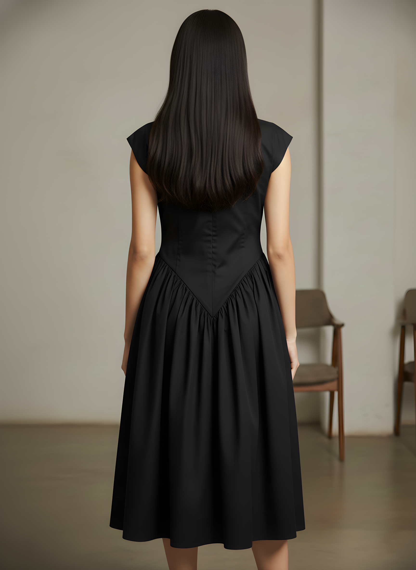 Flared Boat Neck Midi Dress With Structured Shoulders