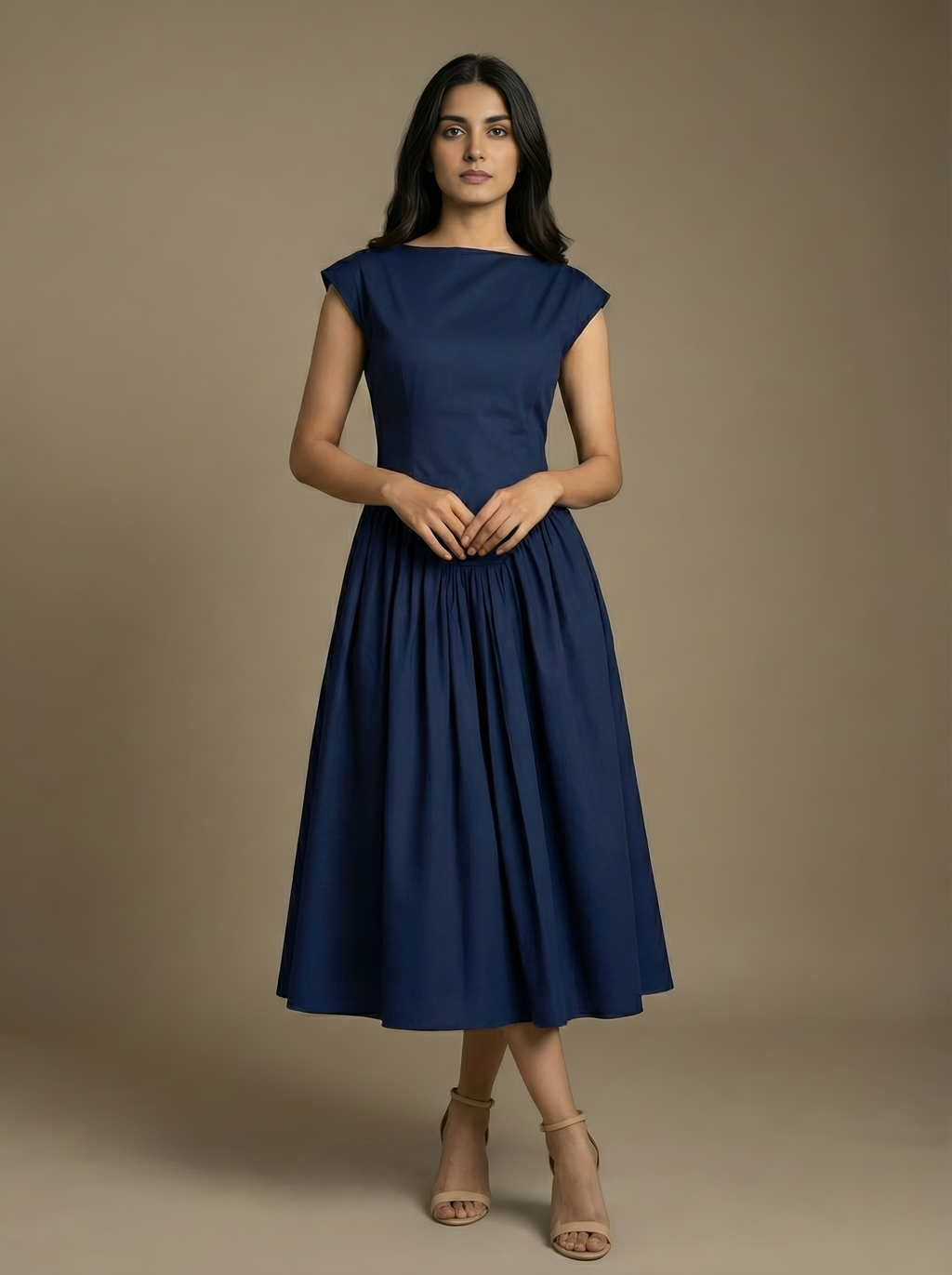 Flared Boat Neck Midi Dress