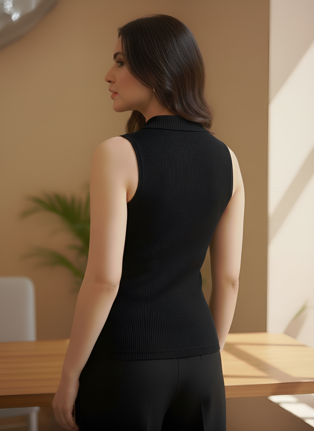 Black Rib Knit Polo Top | Sleeveless