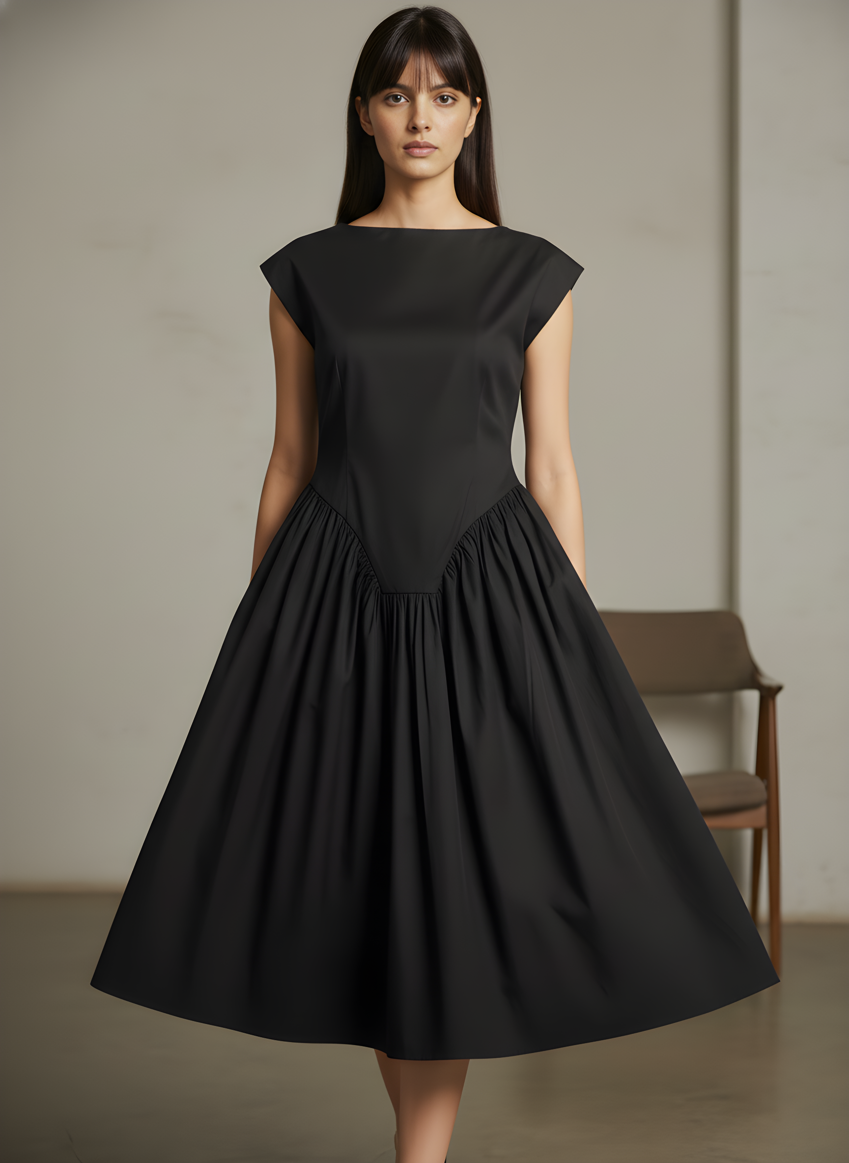 Flared Boat Neck Midi Dress With Structured Shoulders