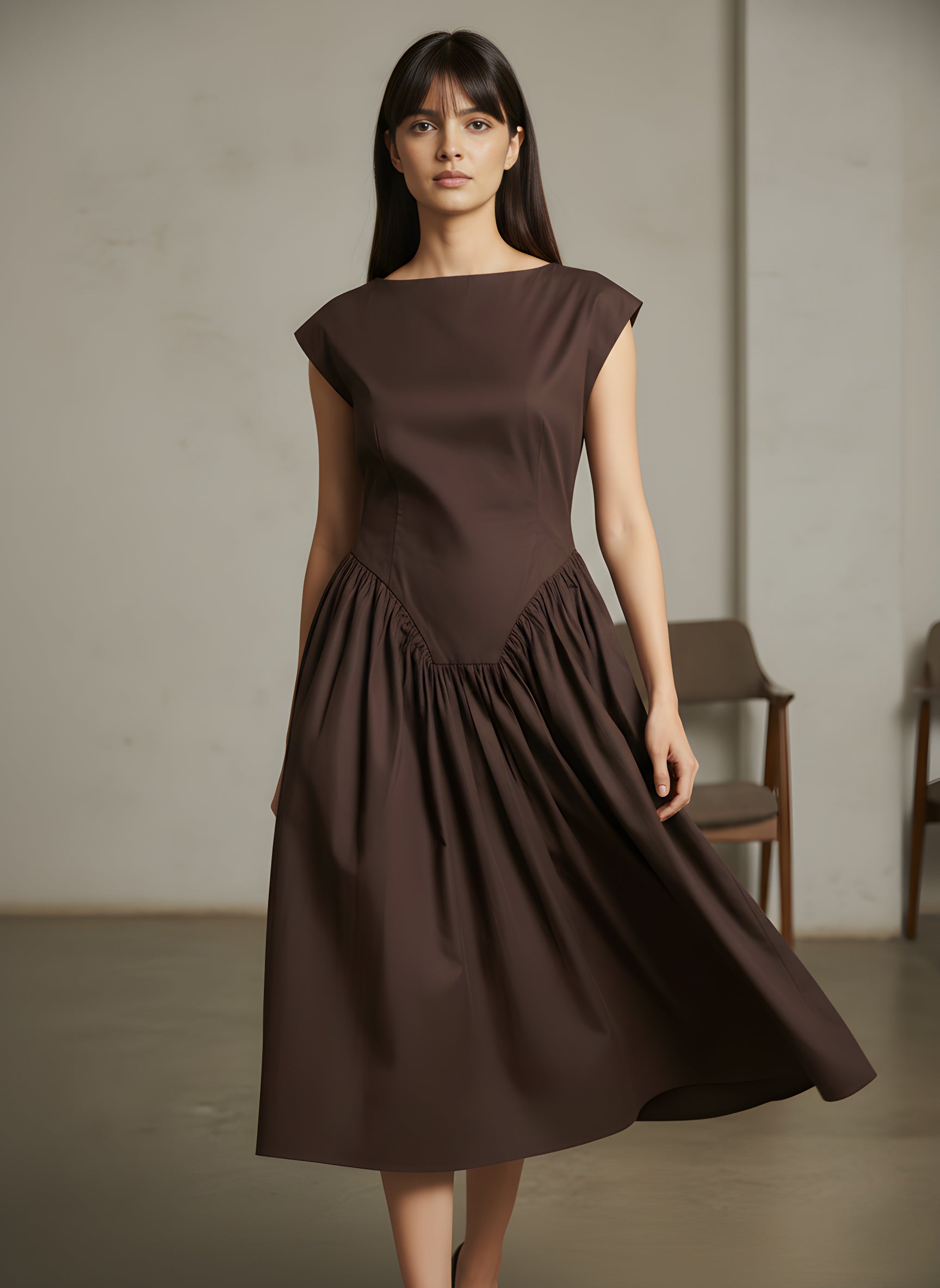 Flared Boat Neck Midi Dress With Structured Shoulders