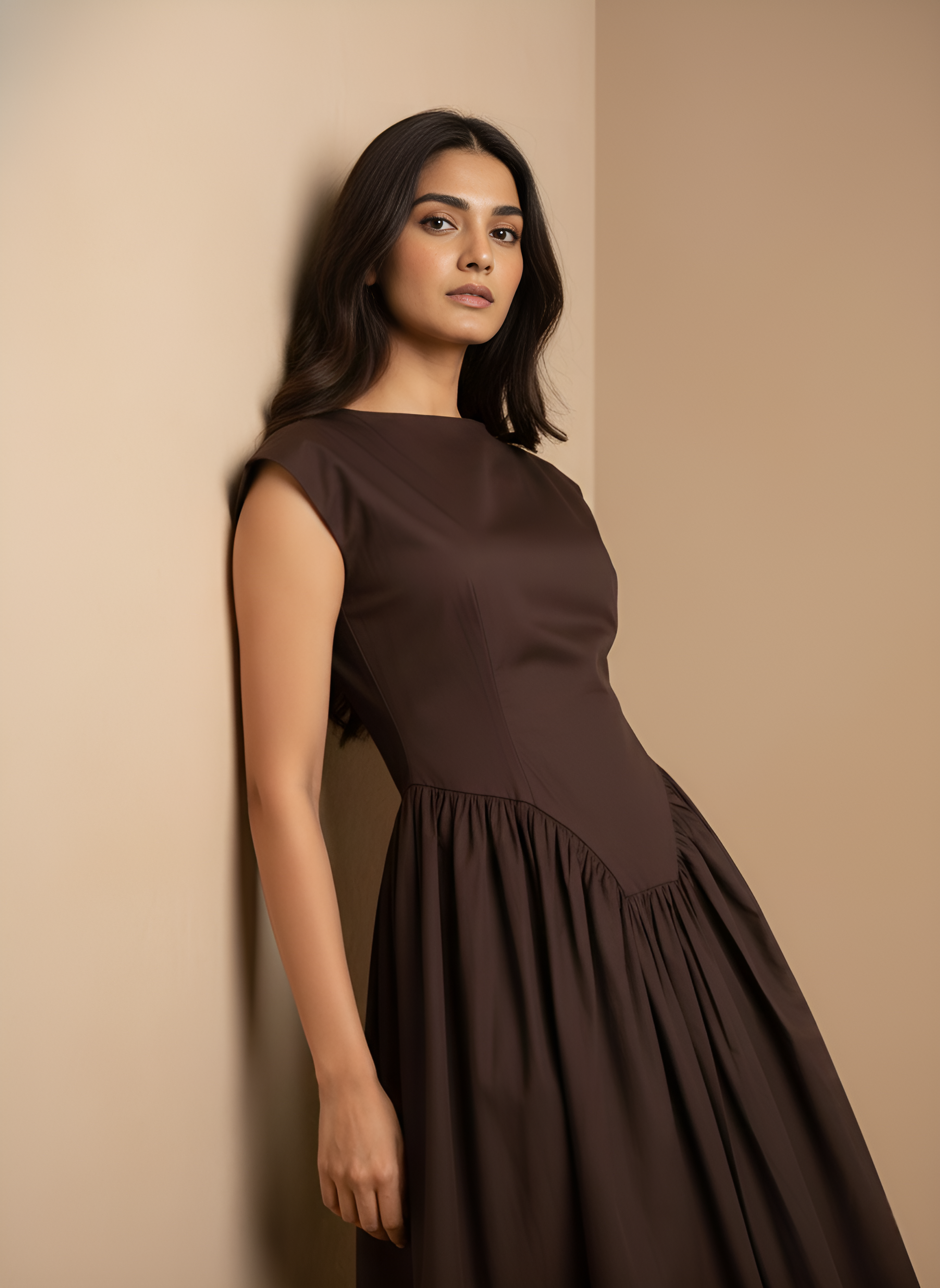 Flared Boat Neck Midi Dress