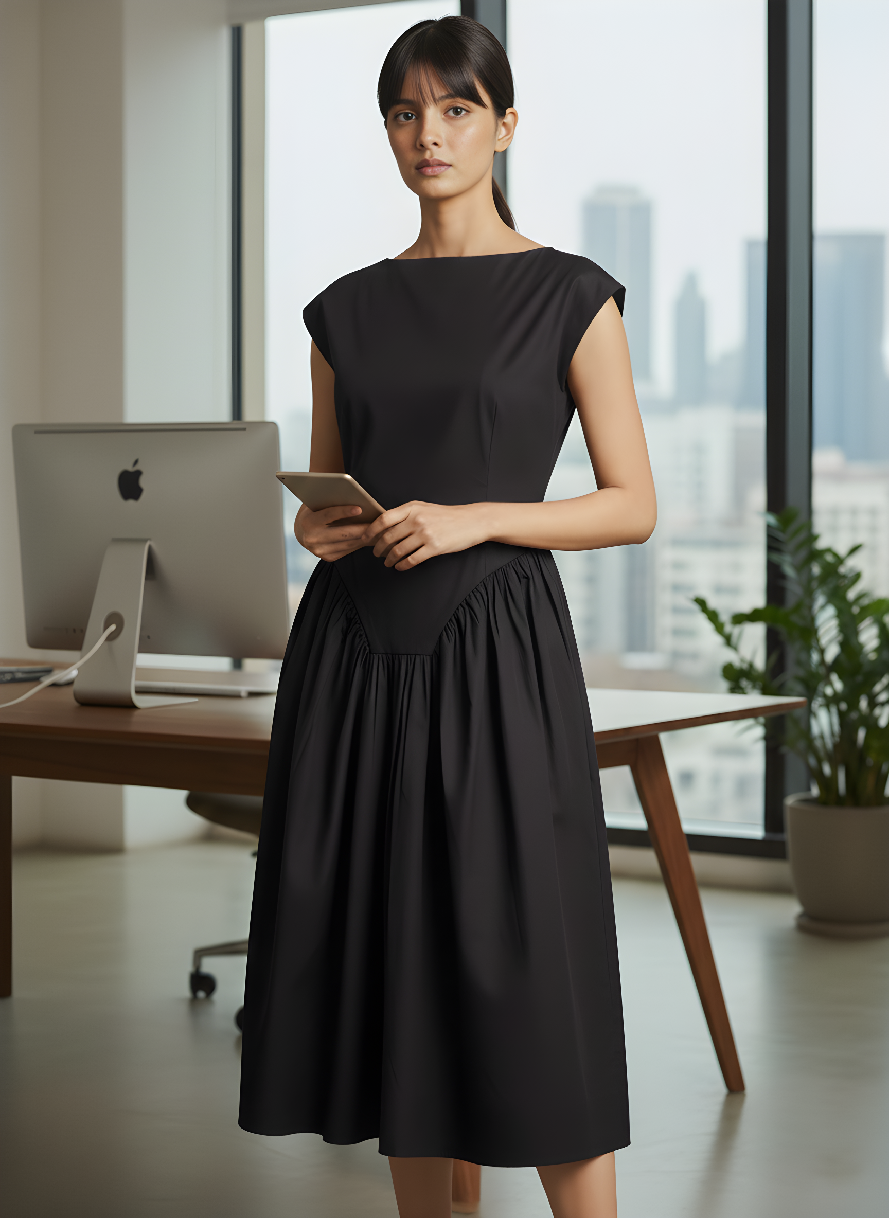 Flared Boat Neck Midi Dress With Structured Shoulders