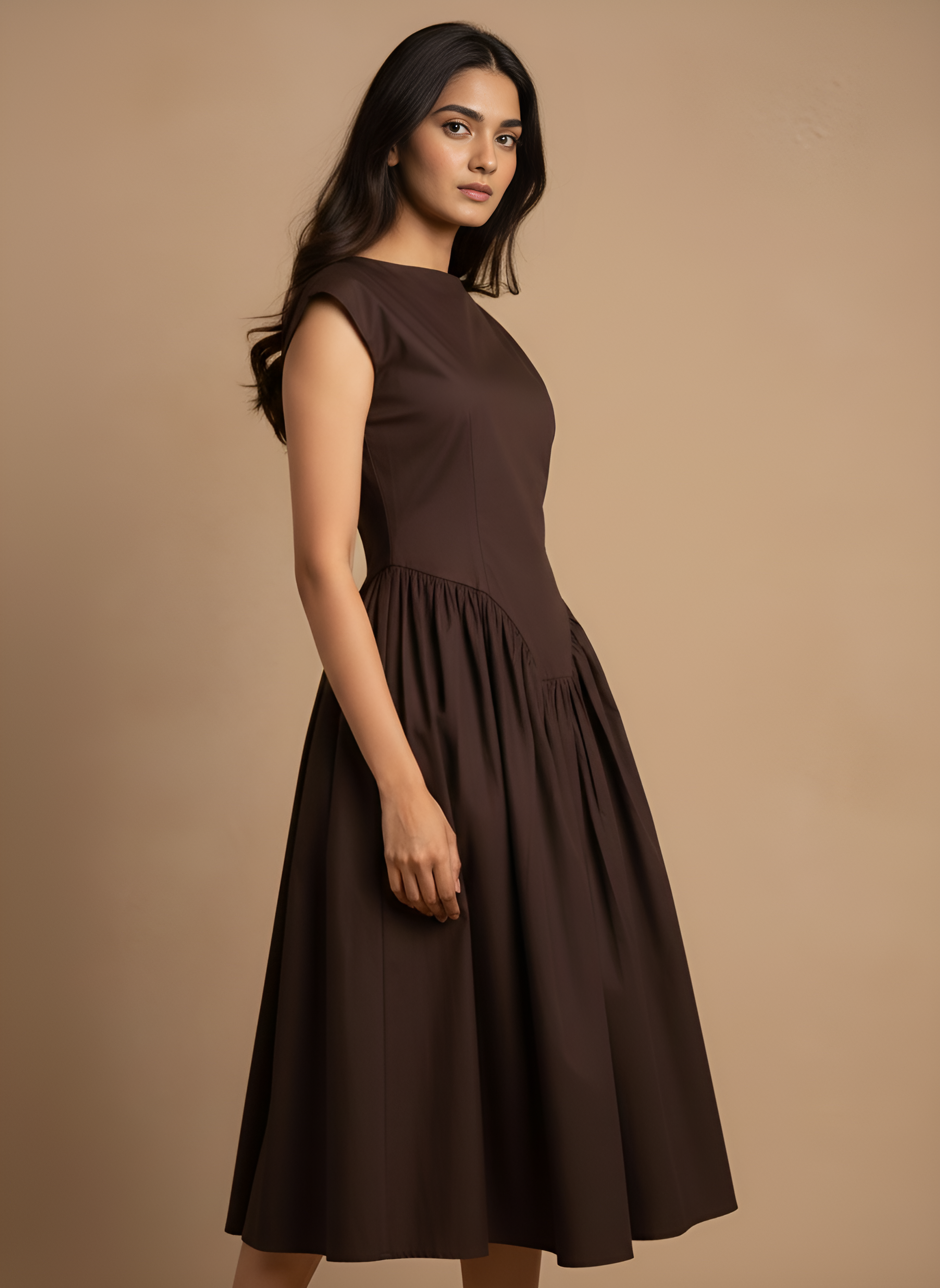 Flared Boat Neck Midi Dress