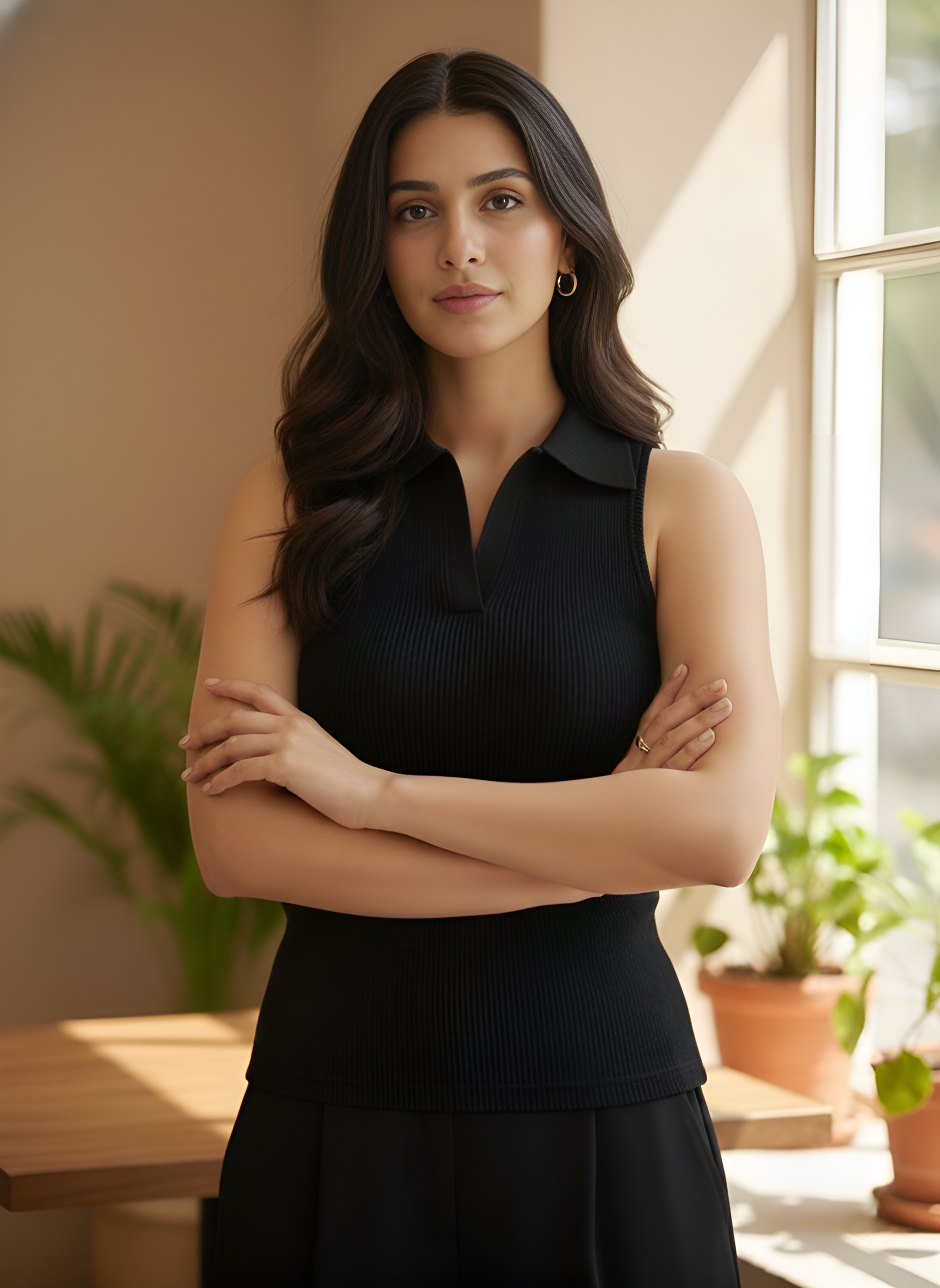 Black Rib Knit Polo Top | Sleeveless