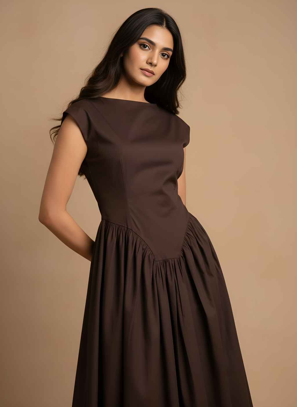 Flared Boat Neck Midi Dress
