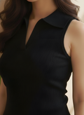 Black Rib Knit Polo Top | Sleeveless