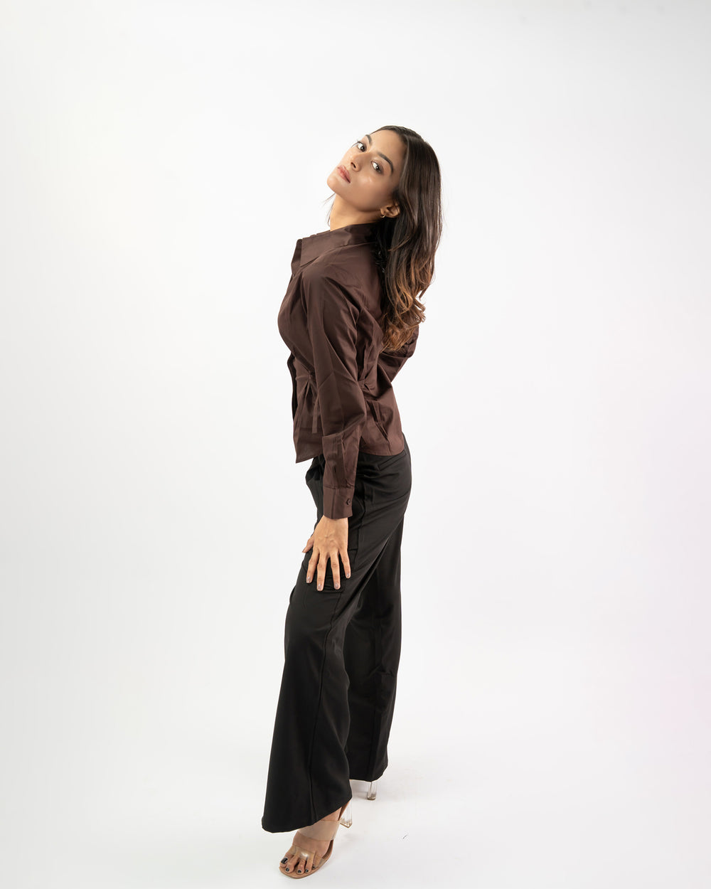Minimal women’s brown side tie shirt in cotton, structured button-down styling