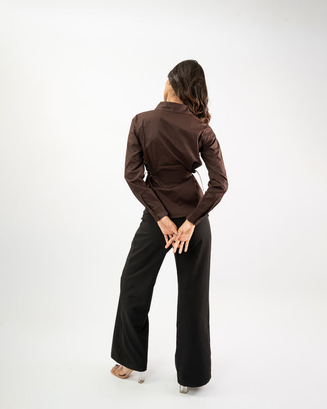 Structured brown side tie-up shirt for women, minimal tailored silhouette top