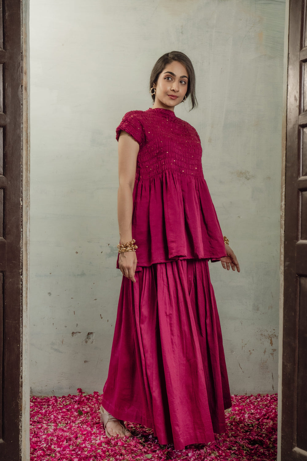 SMOCKED CHANDERI CO-ORD SET IN RANI PINK