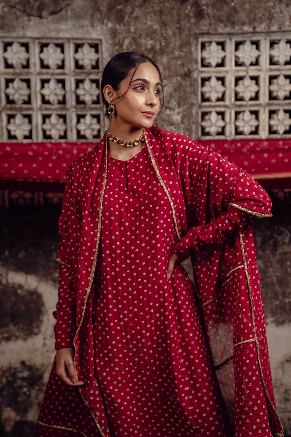 Red Chanderi Bandhej Kurta Set