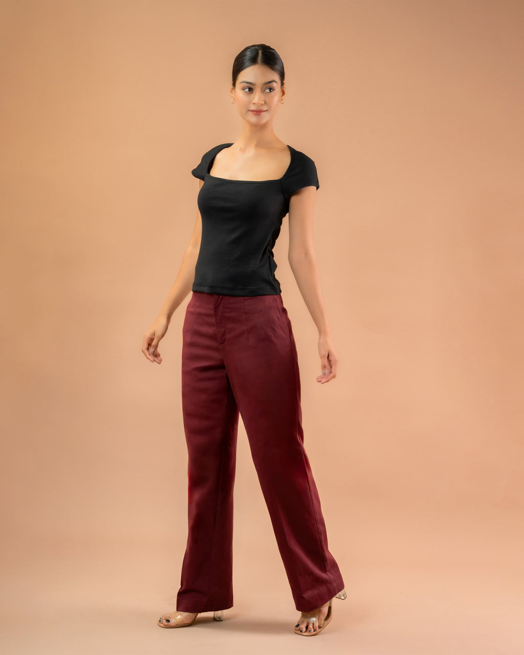 Women’s black cap sleeve top with square neckline, soft fabric casual outfit
