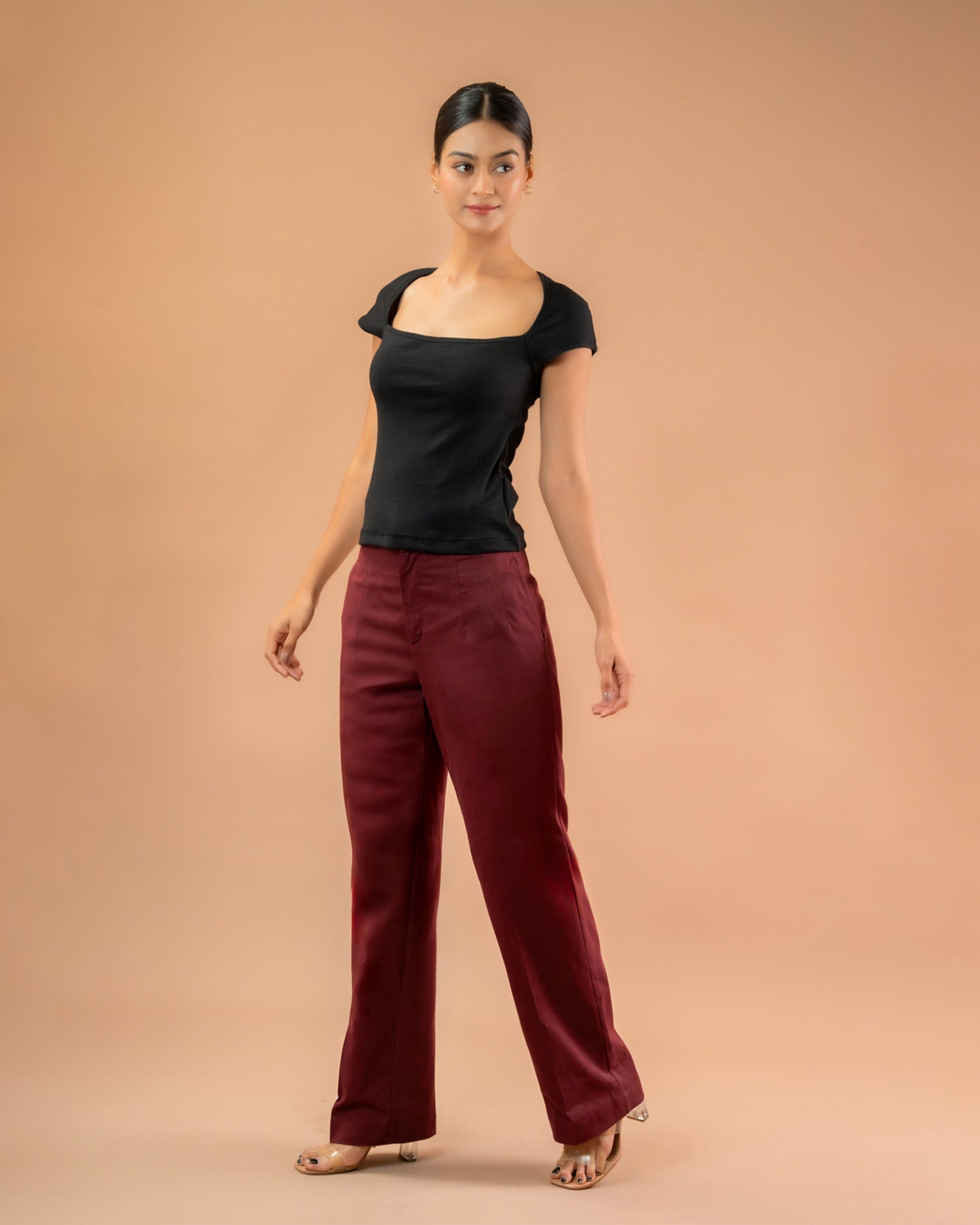 Women’s black cap sleeve top with square neckline, soft fabric casual outfit
