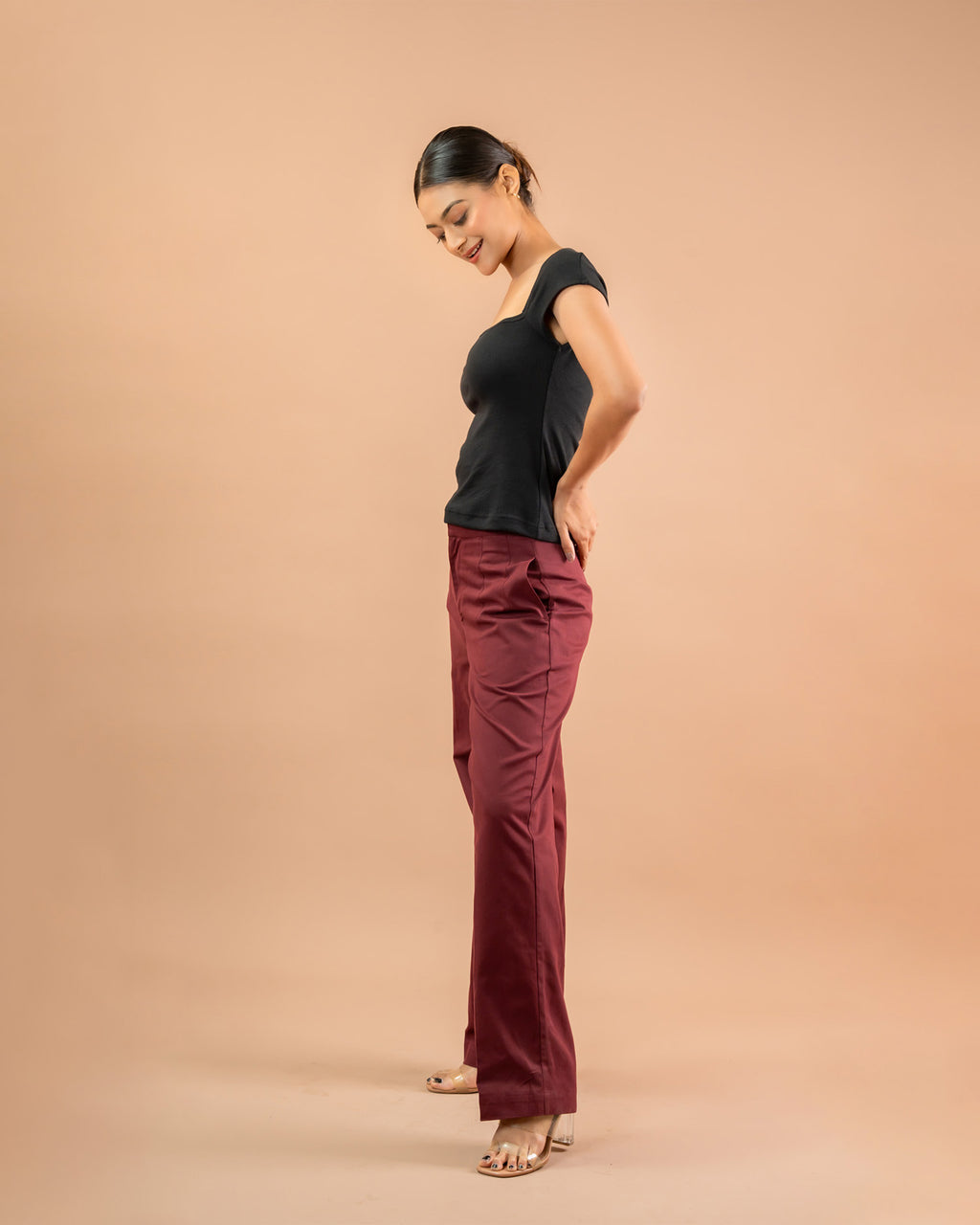 Fitted black square neck top with cap sleeves for women, minimal wardrobe essential