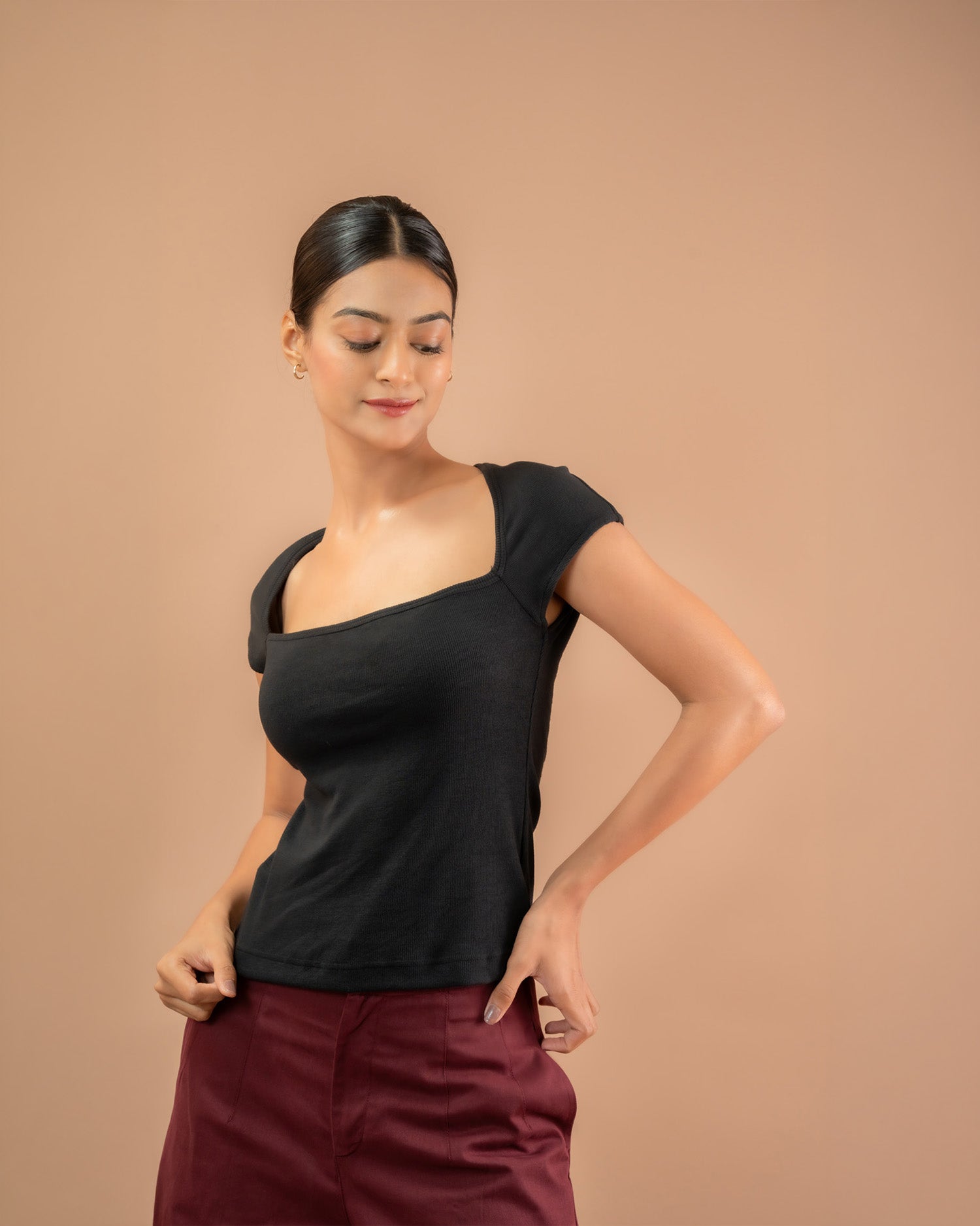 Black square neckline top with cap sleeves for women, elegant minimal summer outfit