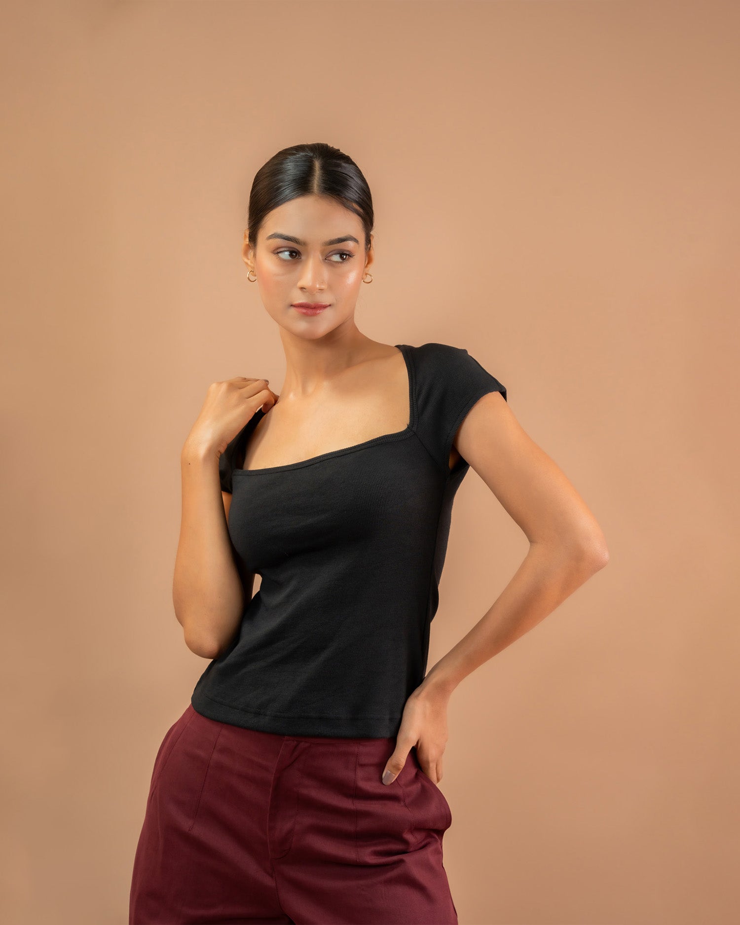 Women’s black square neck cap sleeve top, fitted minimal casual everyday wear