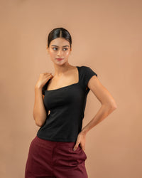 Black Square Neck Cap Sleeve Top