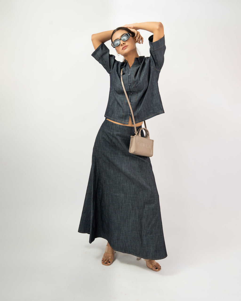 A-line denim maxi skirt with relaxed button-down shirt for women, minimal co-ord set