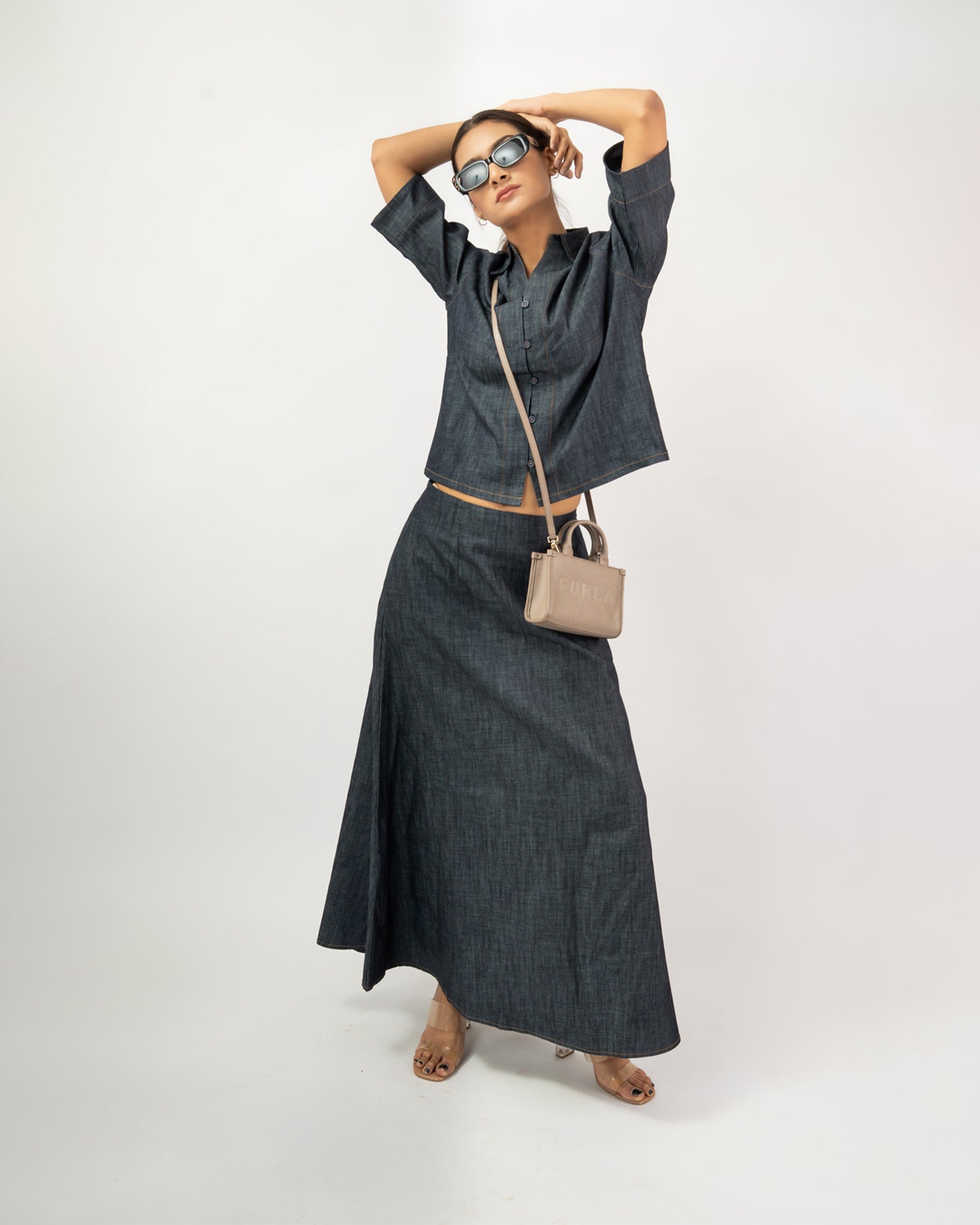 A-line denim maxi skirt with relaxed button-down shirt for women, minimal co-ord set