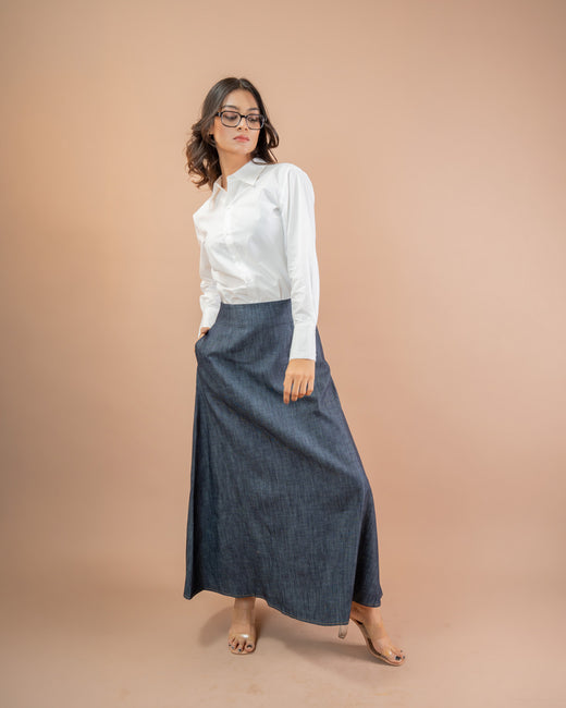 Denim Skirt & Relaxed Button-Down Shirt