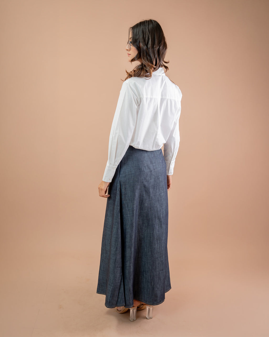 Tsukie women’s denim skirt and relaxed shirt co-ord set, minimal everyday wear
