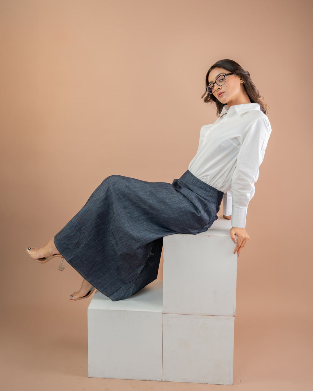 Cotton button-down shirt with denim skirt for women, relaxed fit casual wear outfit