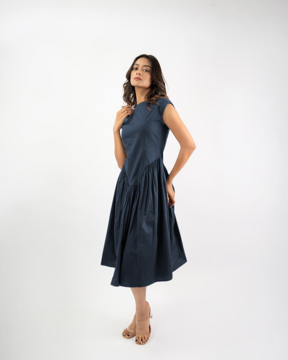 Navy blue flared boat neck midi dress for women, front view
