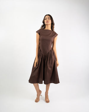 Flared Boat Neck Midi Dress