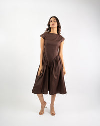 Boat neck Brown midi dress for women, flared silhouette minimal summer styling