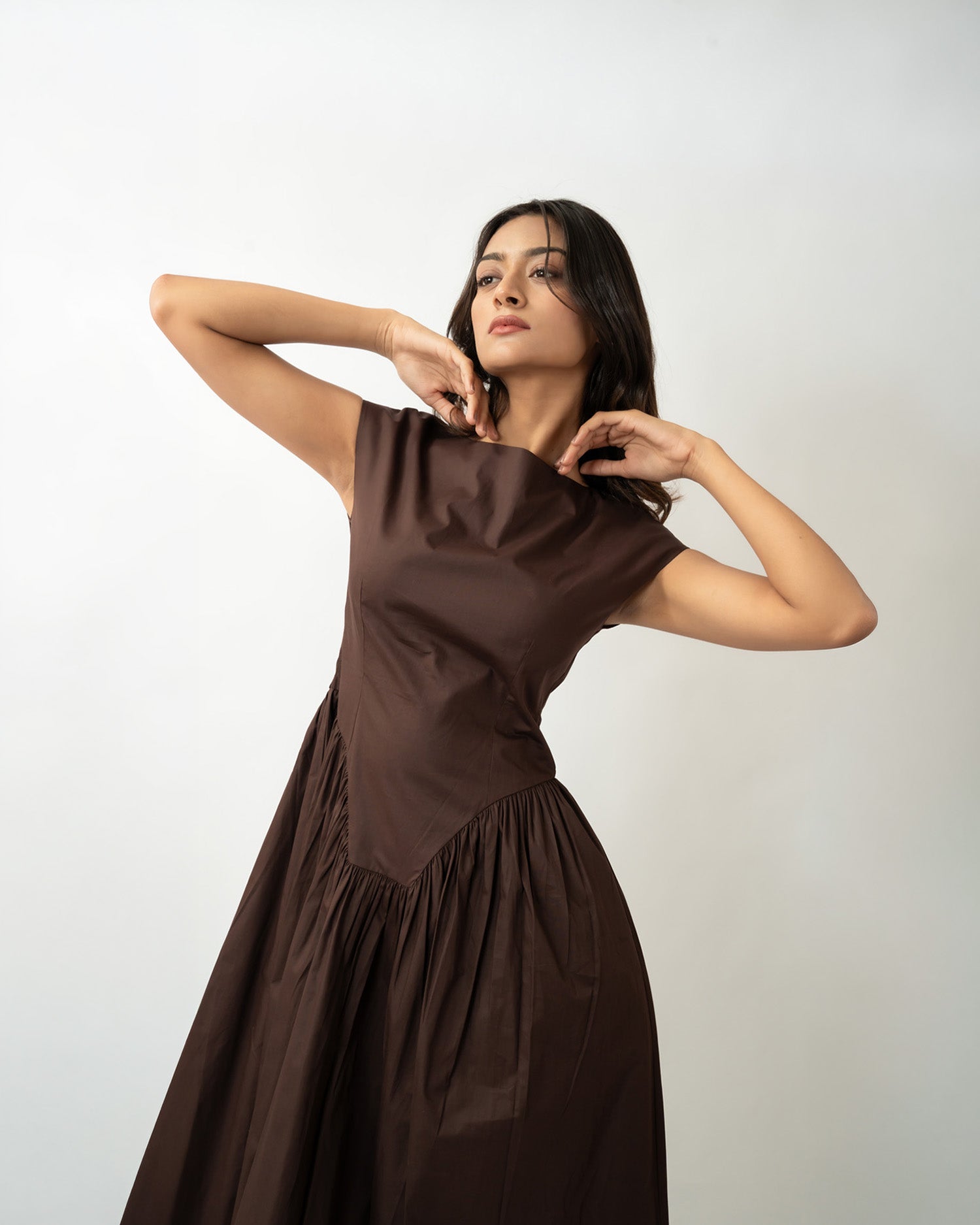 Flared Boat Neck Midi Dress 100% Cotton Tsukie Flared Boat Neck Midi Dress 100% Cotton Tsukie