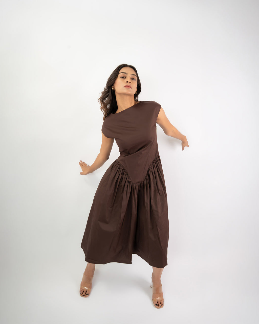 Women’s elegant midi dress with boat neck, soft cotton flared silhouette