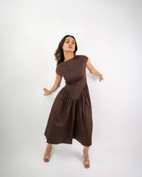 Women’s elegant brown midi dress with boat neck, soft cotton flared silhouette
