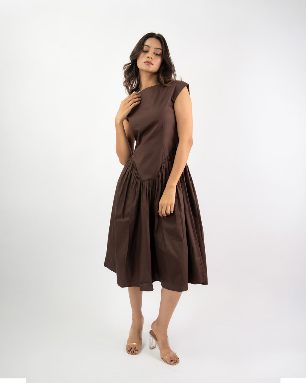Boat neck flared midi dress for women, minimal breathable cotton outfit