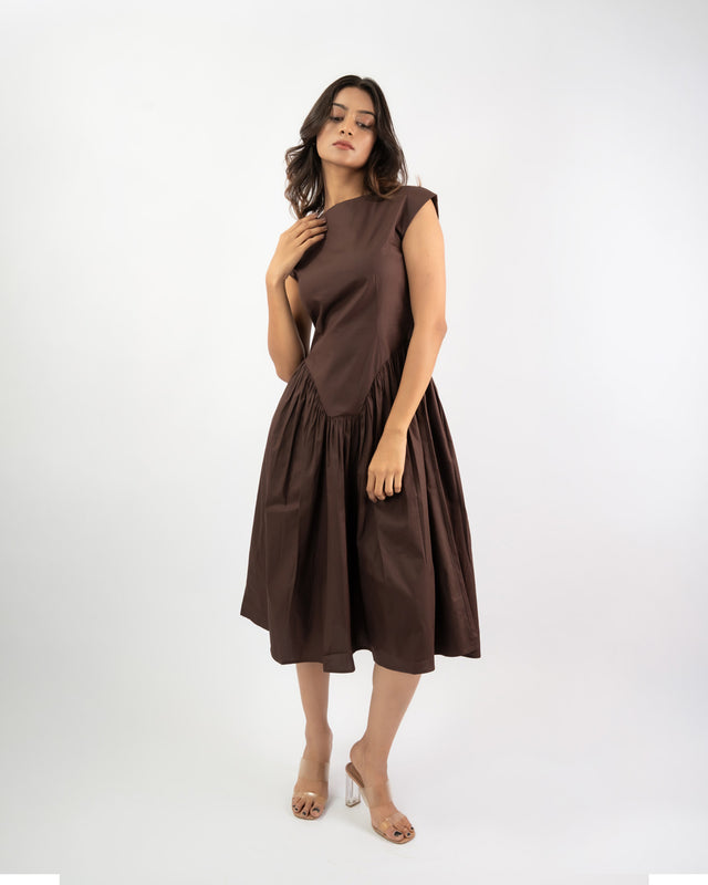 Boat neck flared midi dress for women, minimal breathable cotton outfit