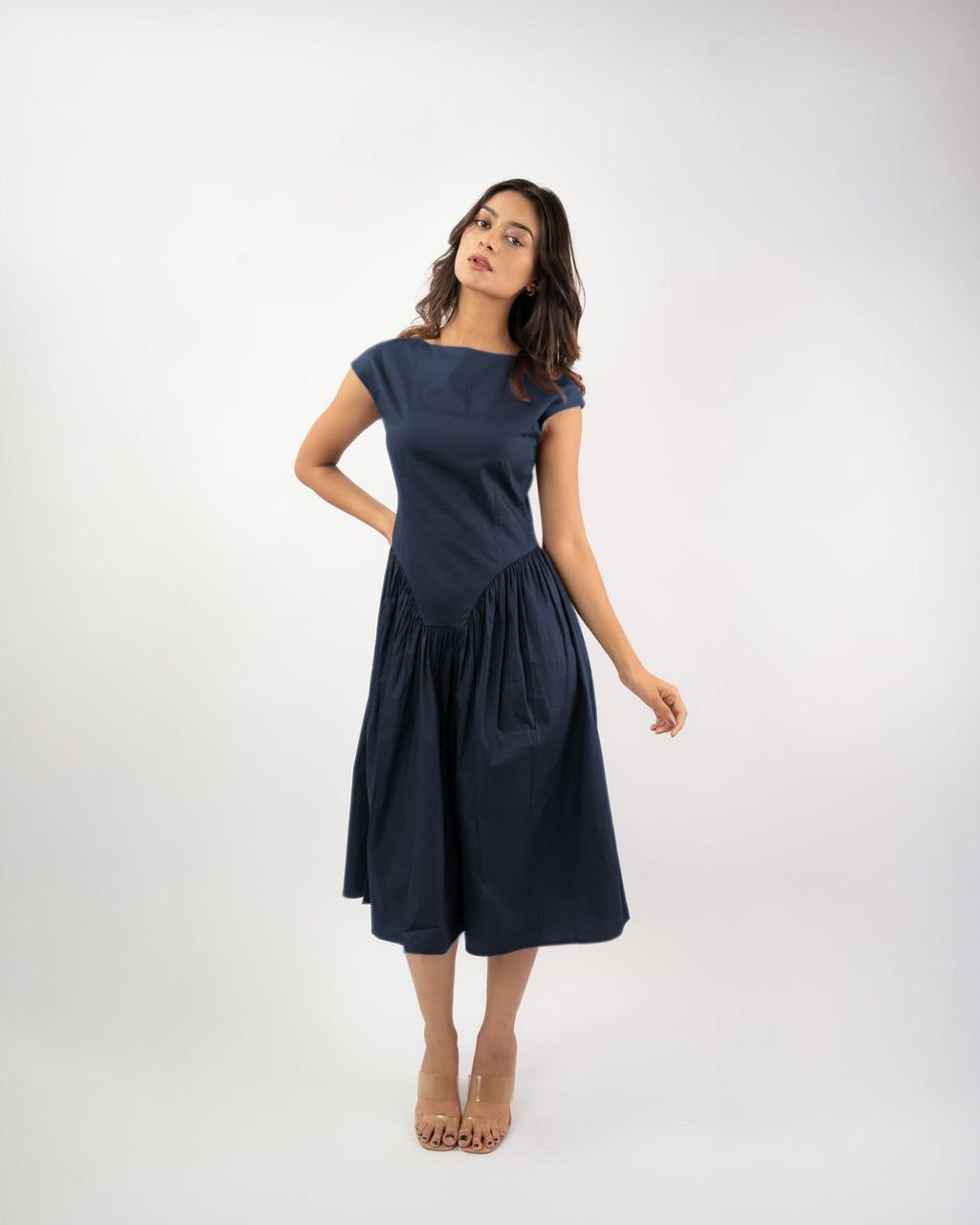 Flared Boat Neck Midi Dress